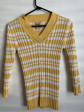 Striped Yellow & White V-Neck Ribbed Sweater